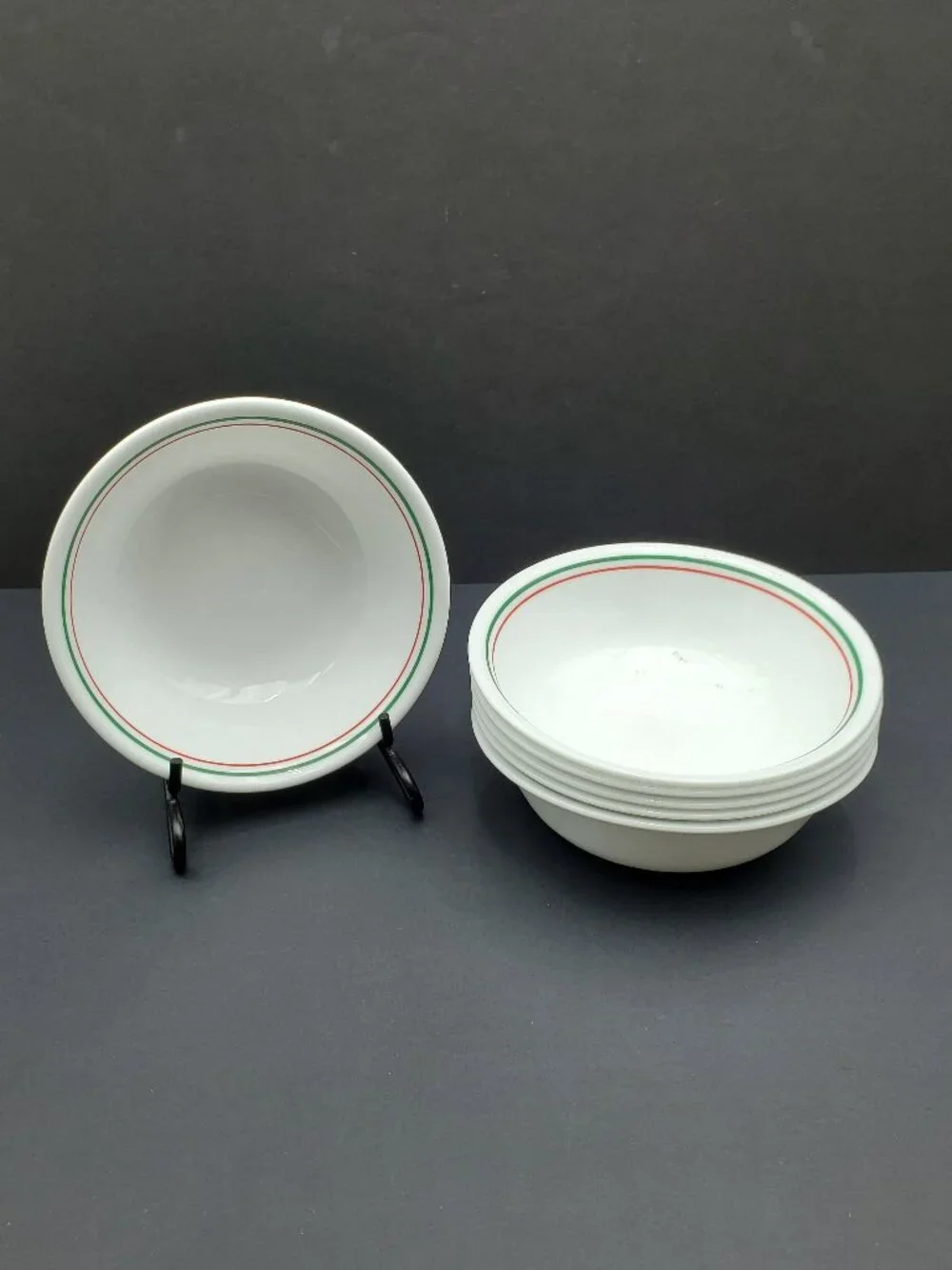Corelle Winter Holly Soup Cereal Bowls White Bowls with Green & Red Bands